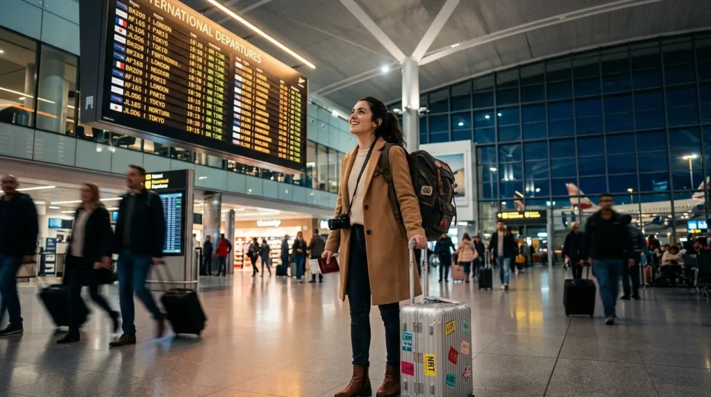 A woman in a coat stands in an airport terminal with a suitcase and backpack, looking up at the departures board, exuding excitement and anticipation.