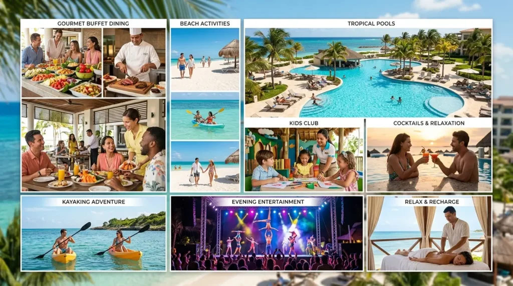 Collage of resort activities: dining, beach fun, a tropical pool, kids' club, kayaking, evening shows, massage, and cocktails. Relaxing and vibrant.
