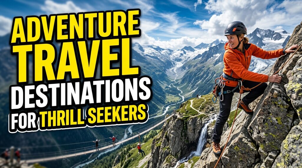 Person rock climbing with a scenic mountain view, featuring a suspension bridge in the distance. Text overlay reads "Adventure Travel Destinations for Thrill Seekers."