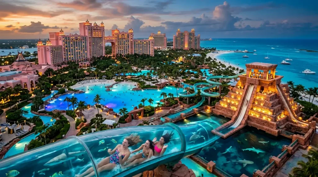 A vibrant resort scene at sunset features a glass water slide, tropical pools, lush greenery, and an ornate tower by the ocean, exuding excitement and luxury.