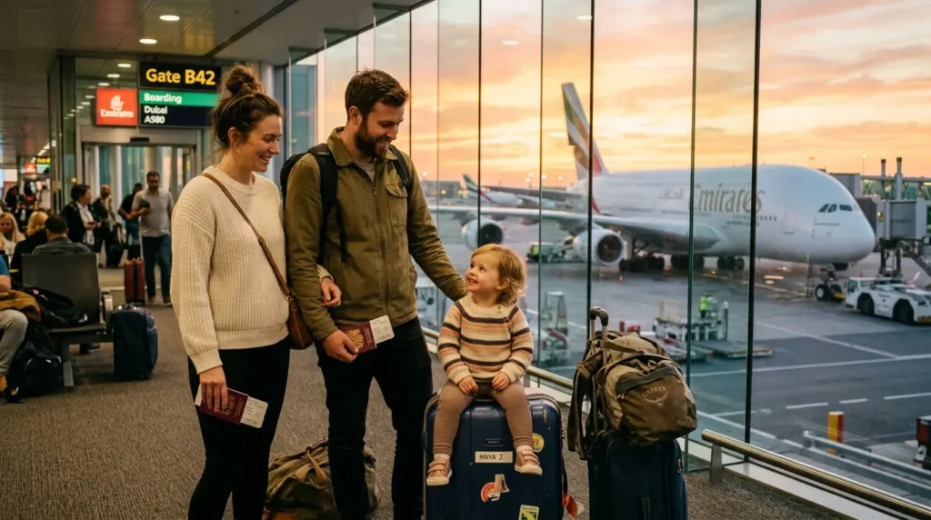 A smiling family with passports stands at an airport gate, next to large windows overlooking a plane at sunset. The child sits on a suitcase.