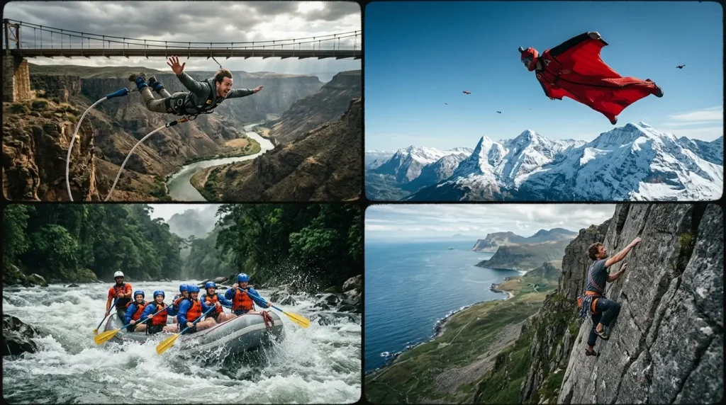A collage of four adventure activities: bungee jumping off a canyon bridge, wingsuit flying over snowy mountains, white-water rafting with a group in a river, and rock climbing on a coastal cliff. The images convey excitement and thrill.