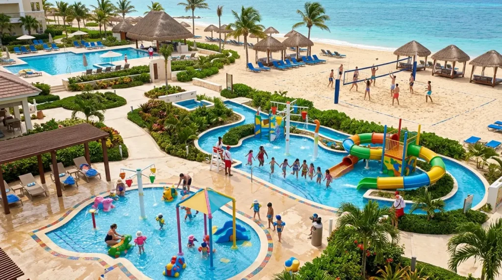A vibrant resort scene features a children's water play area with slides, surrounded by pools and palm trees. People enjoy beach volleyball nearby.