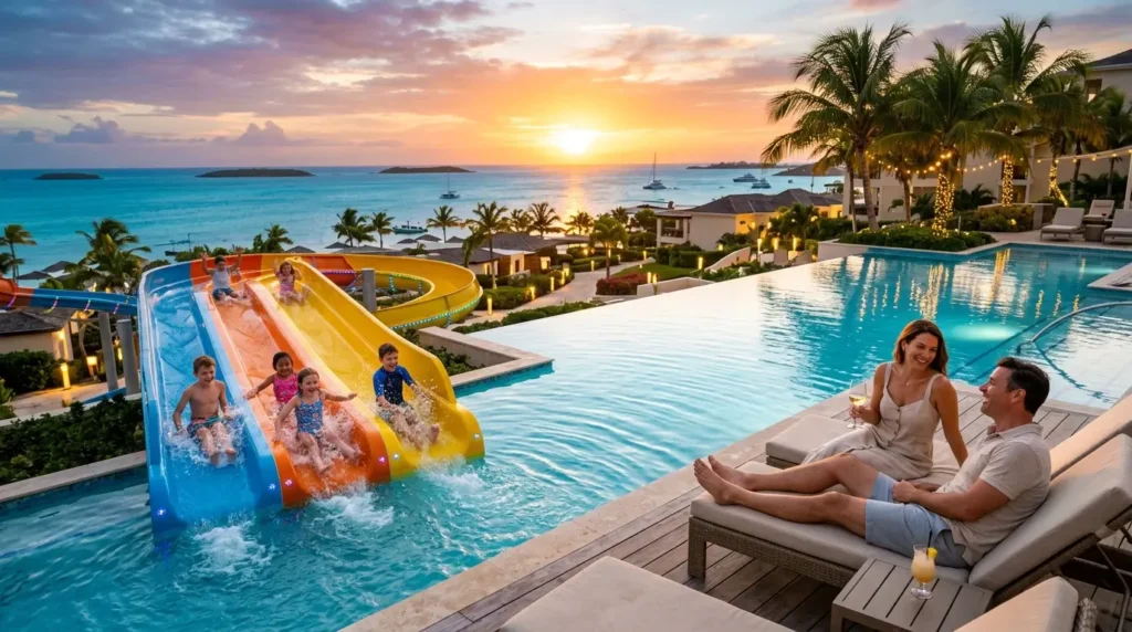 Adults relax on lounge chairs by an infinity pool, while children enjoy colorful water slides. The scene is set against a serene ocean sunset.
