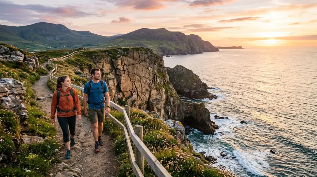A couple hikes along a coastal cliff path at sunset, surrounded by wildflowers. The ocean waves crash against the rocky shore under a vibrant, colorful sky.