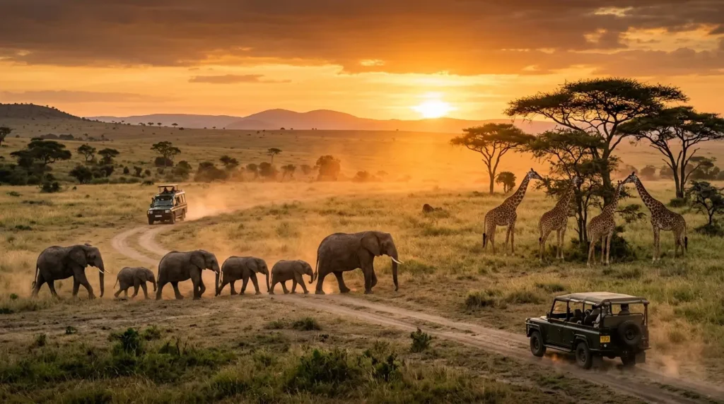 Sunset over African savannah with elephants crossing a dirt road between safari vehicles. Giraffes stand nearby among acacia trees in the golden light.