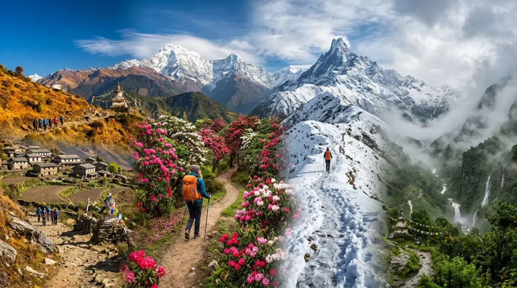 A split image showcases two seasons in the mountains. On the left, hikers trek through a vibrant, flower-filled path in autumn. On the right, a lone hiker walks on a snowy, mountainous trail.