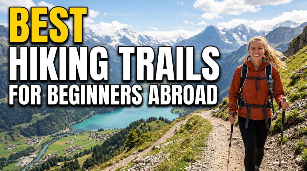Smiling person hiking with poles on a mountain trail, overlooking a turquoise lake and scenic valley. Text reads, "Best Hiking Trails for Beginners Abroad."