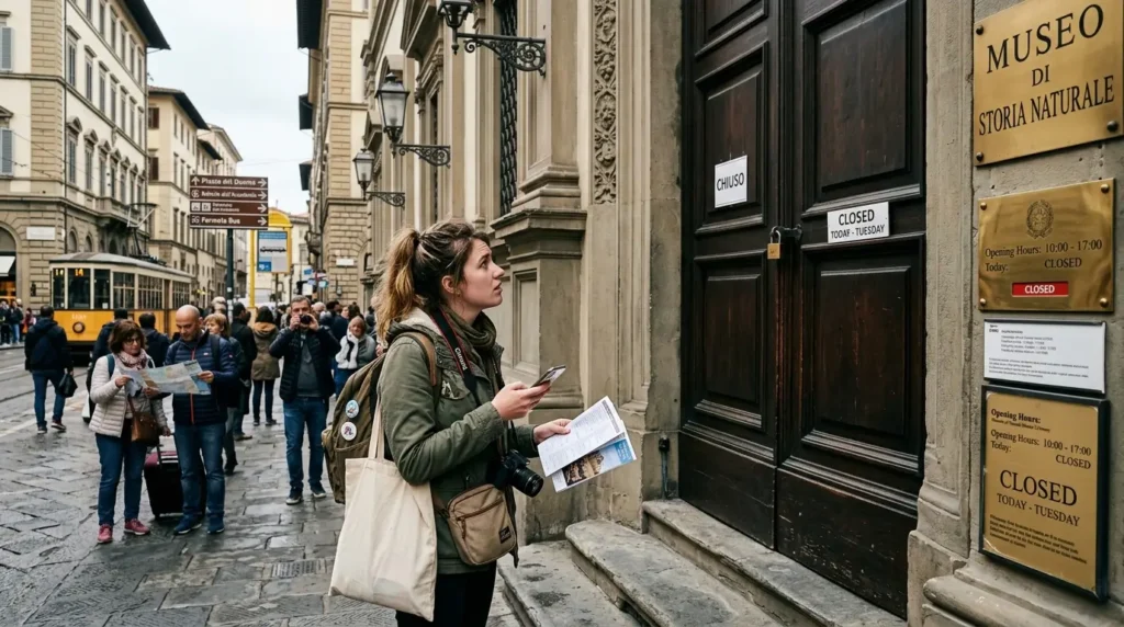A woman with a camera and brochure stands outside the closed Museo di Storia Naturale. People with maps are in the background, in a street with historic architecture. The scene conveys curiosity and mild disappointment.