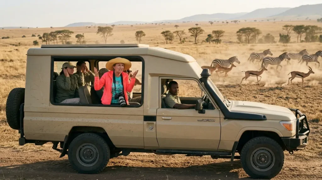 A safari vehicle with travelers observes zebras and antelopes running across the savannah. The scene conveys excitement and adventure under a clear sky.