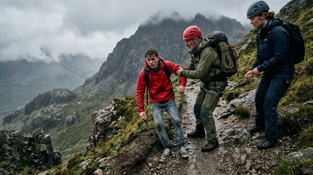 Three people hike on a rugged mountain trail. The older man in the center wears a red helmet, guiding one man and a woman dressed in blue. The scene is dramatic, under a cloudy sky.