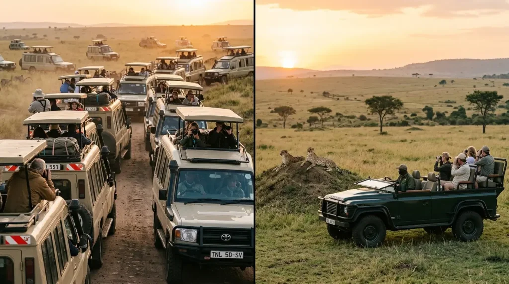 Left image: A large convoy of safari vehicles on a dusty road under a golden sunset, filled with tourists taking photos. Right image: A smaller open vehicle at sunset with tourists watching a cheetah in the savannah. The scene feels adventurous and serene.