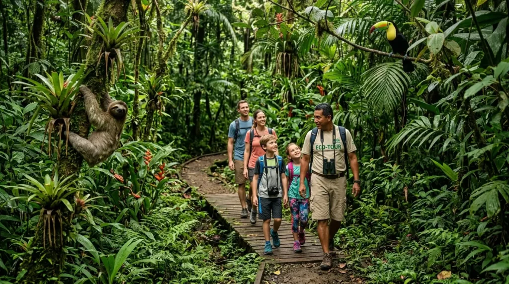 A group of people walks on a wooden path through a lush jungle. A sloth clings to a tree and a toucan perches nearby, creating an adventurous and vibrant scene.