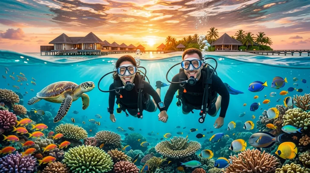 Two scuba divers smiling while exploring vibrant coral reefs and colorful fish alongside a sea turtle. Sunset overwater bungalows are visible in the background.