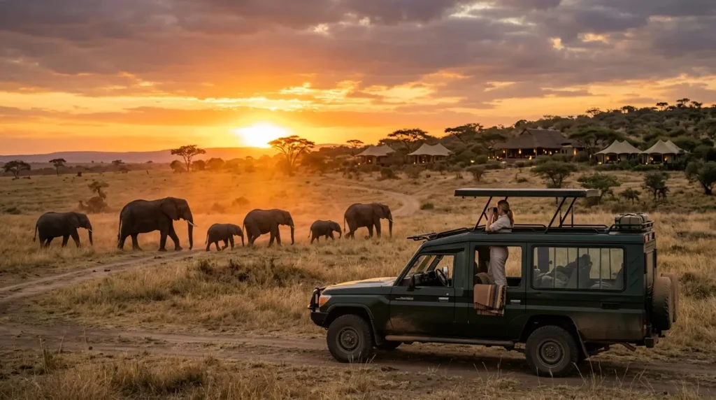 A group of elephants walks across a golden savanna at sunset, near a safari jeep with a passenger observing. Tents are visible in the background.