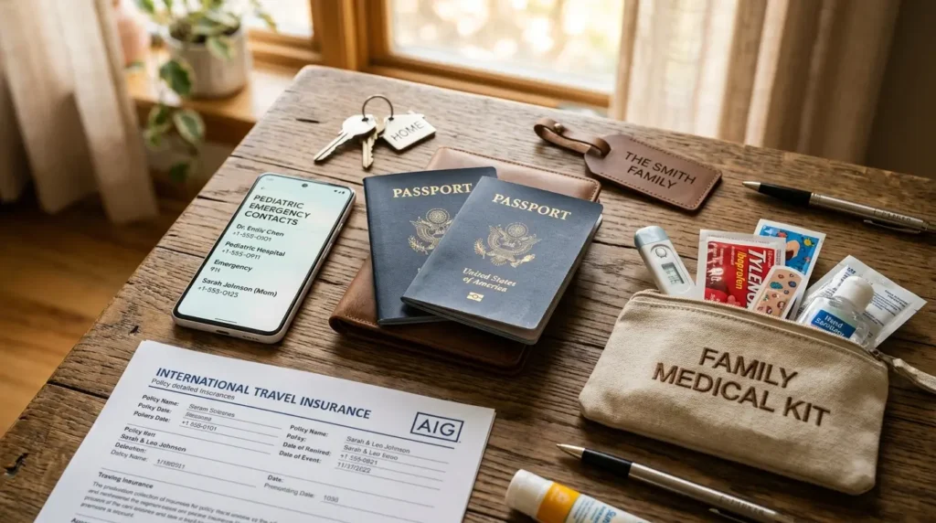 Travel documents and family health essentials arranged on a wooden table, including passports, travel insurance papers, emergency contact information, a thermometer, sanitizer, and a family medical kit.