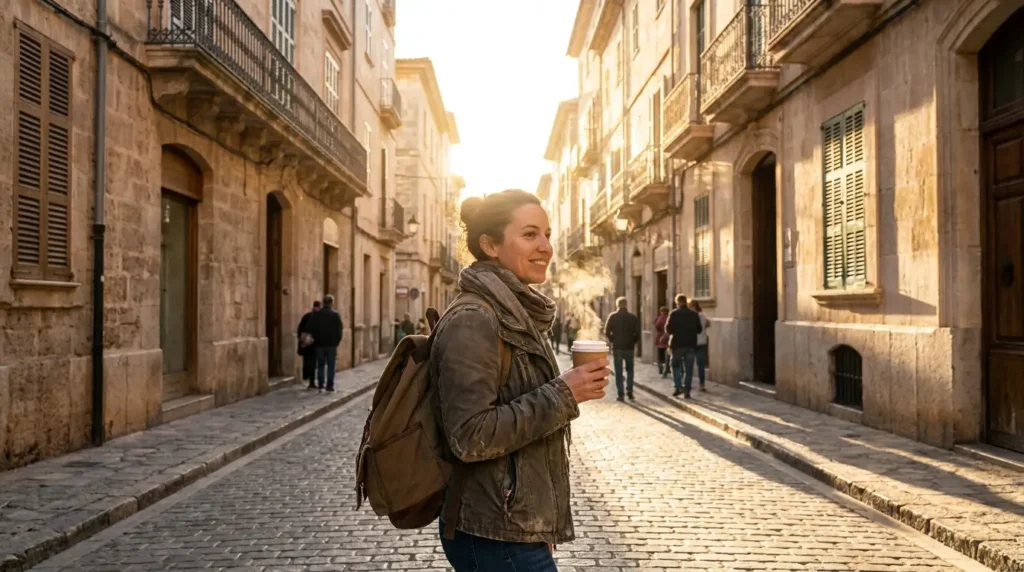 Woman with a backpack holds a coffee cup, walking down a sunlit cobblestone street lined with historic buildings. The morning light creates a warm glow.
