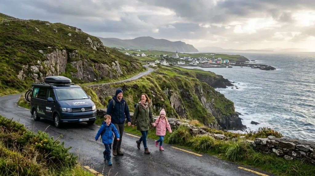A family of four walks cheerfully along a coastal road, with a camper van parked nearby. The scene depicts rugged cliffs, the ocean, and a village under a cloudy sky.