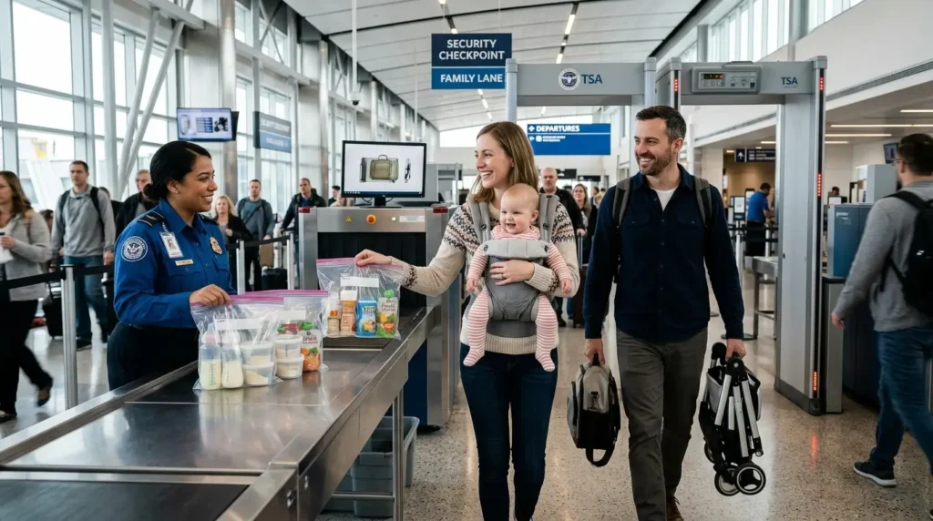 Family with baby passing through airport TSA security checkpoint while carrying baby food, bottles, and a folded stroller during travel.
