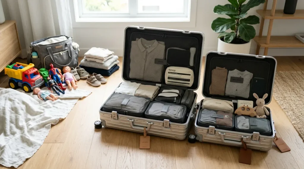 Packed family travel suitcases with organized clothes, toiletries, toys, and baby essentials prepared for a trip with young children.