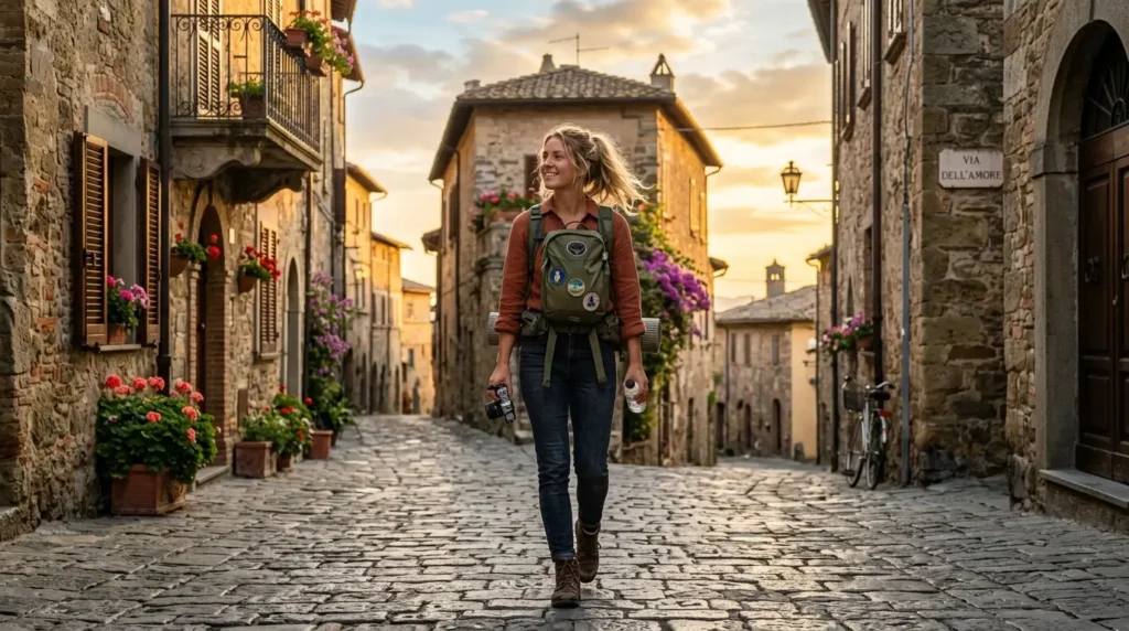 A woman with a backpack walks joyfully along a cobblestone street in a charming village. The warm sunset casts a golden glow, enhancing the vibrant flowers.