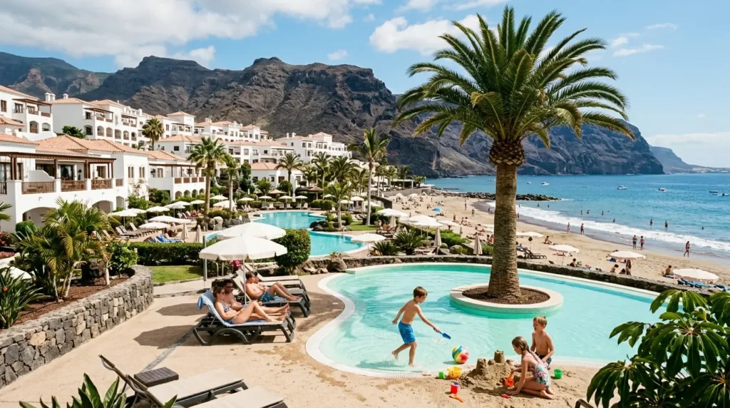 Sunny beach resort with mountains, palm trees, and white villas. People relax by pools and children play in the sand, conveying a serene vacation vibe.