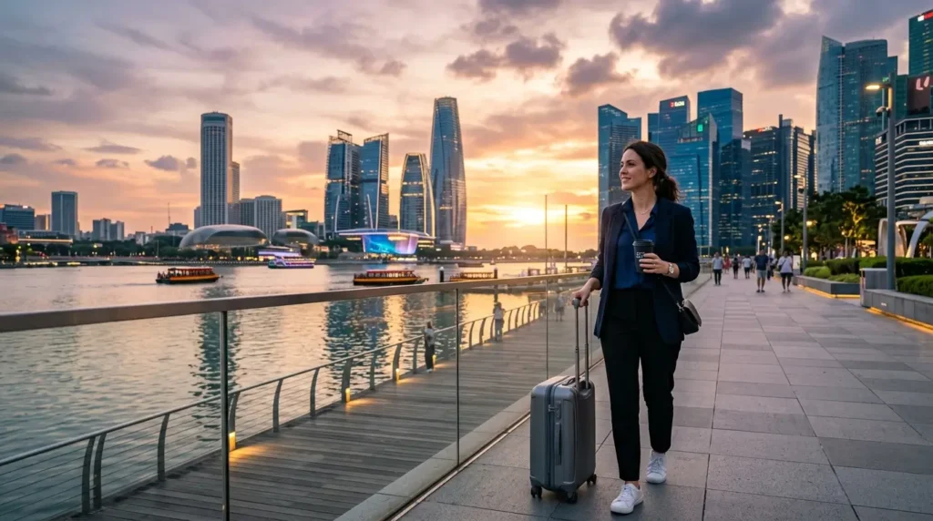 A woman in business attire with a suitcase walks along a waterfront at sunset, with city skyscrapers and boats in the background, conveying a sense of travel.