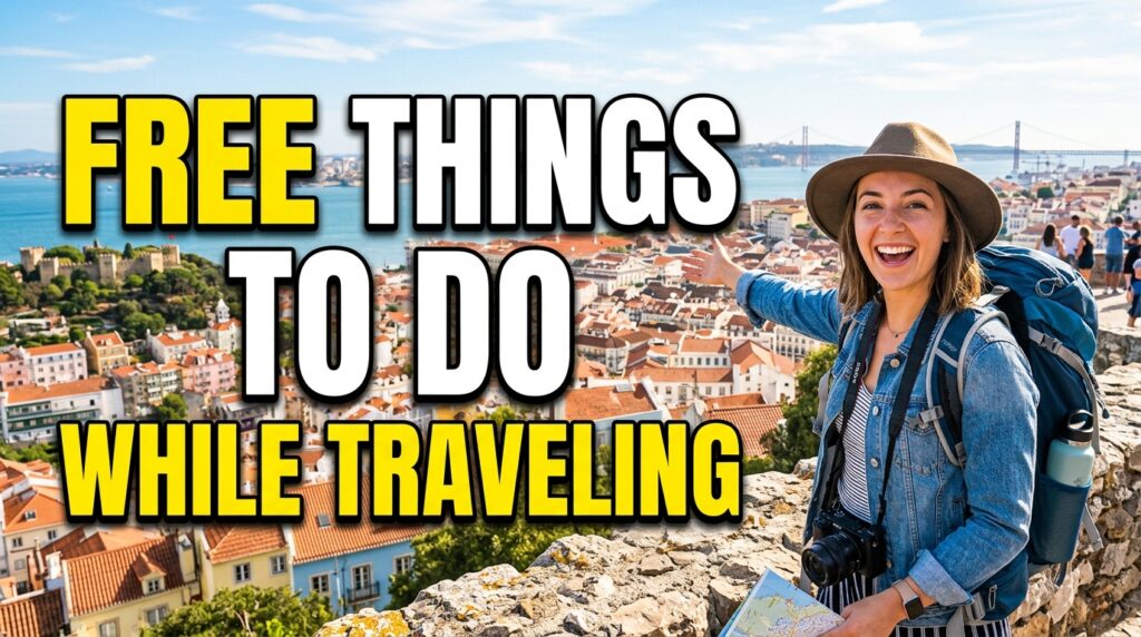 Smiling traveler with backpack points at scenic cityscape from a high viewpoint. Text reads "Free Things to Do While Traveling" in bold letters. Bright and adventurous atmosphere.
