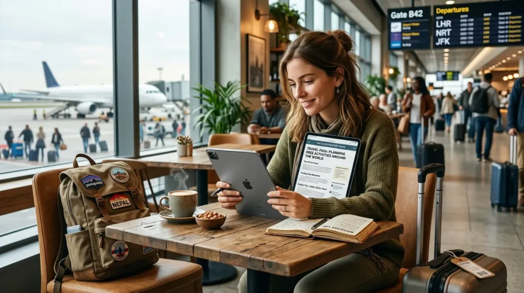 A woman at an airport cafe reads a tablet, smiling. Her backpack has travel patches. Nearby, a notebook and coffee suggest she's planning a trip. Airplanes are visible outside.