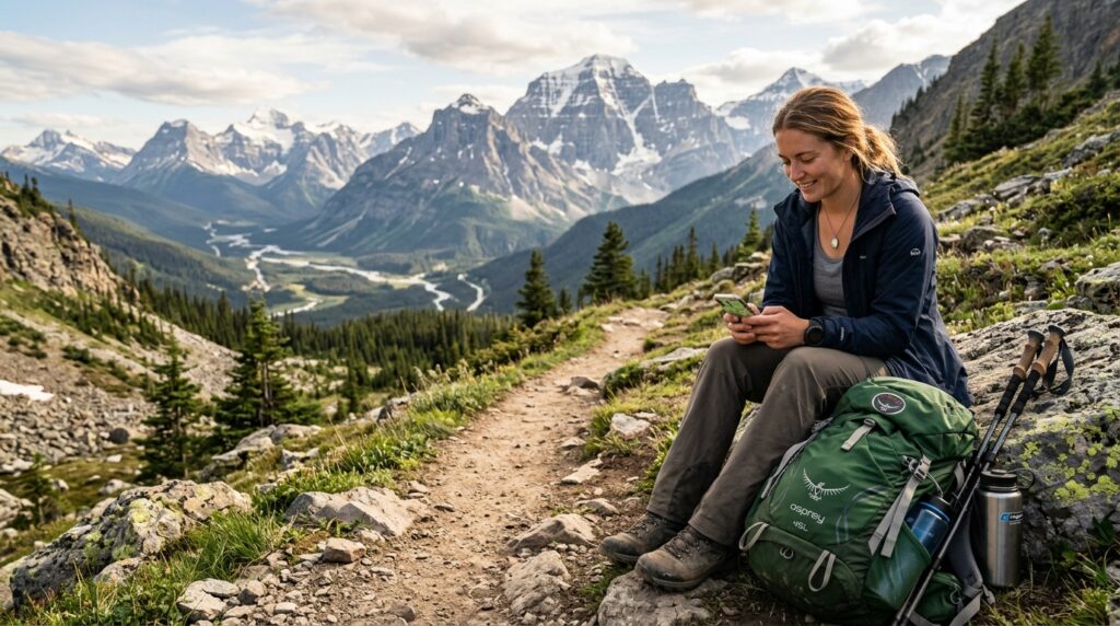 A woman sits on a rocky mountain trail, smiling at her phone. A green backpack and hiking poles are beside her. Snow-capped mountains are in the background.