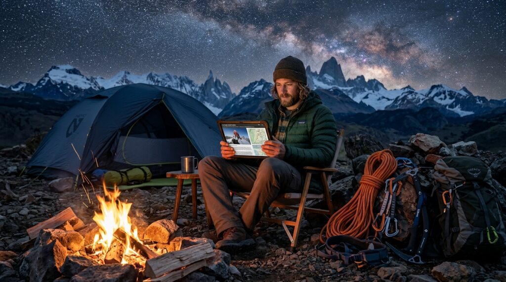 A camper by a fire reads on a tablet near a tent, surrounded by hiking gear. Snowy mountains and a starry sky with the Milky Way create a serene, adventurous mood.