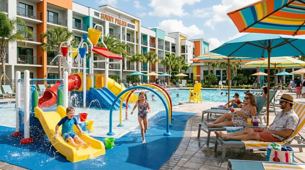 Children play joyfully on a colorful water slide at a resort pool. Families relax on loungers under umbrellas. The atmosphere is lively and cheerful.