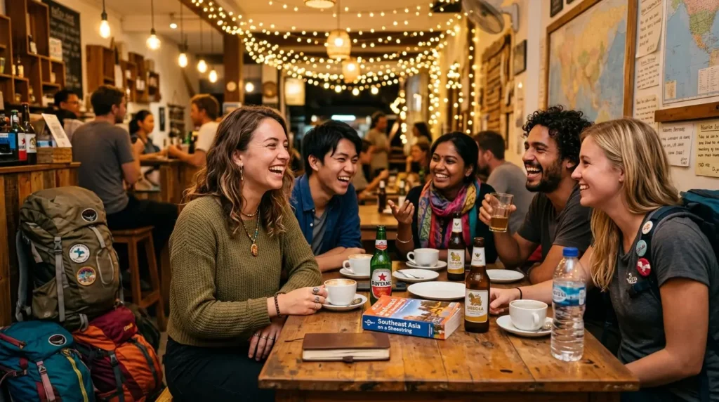 A group of friends at a cozy café, laughing and enjoying drinks. Warm lighting, maps, and string lights create a cheerful, inviting atmosphere.