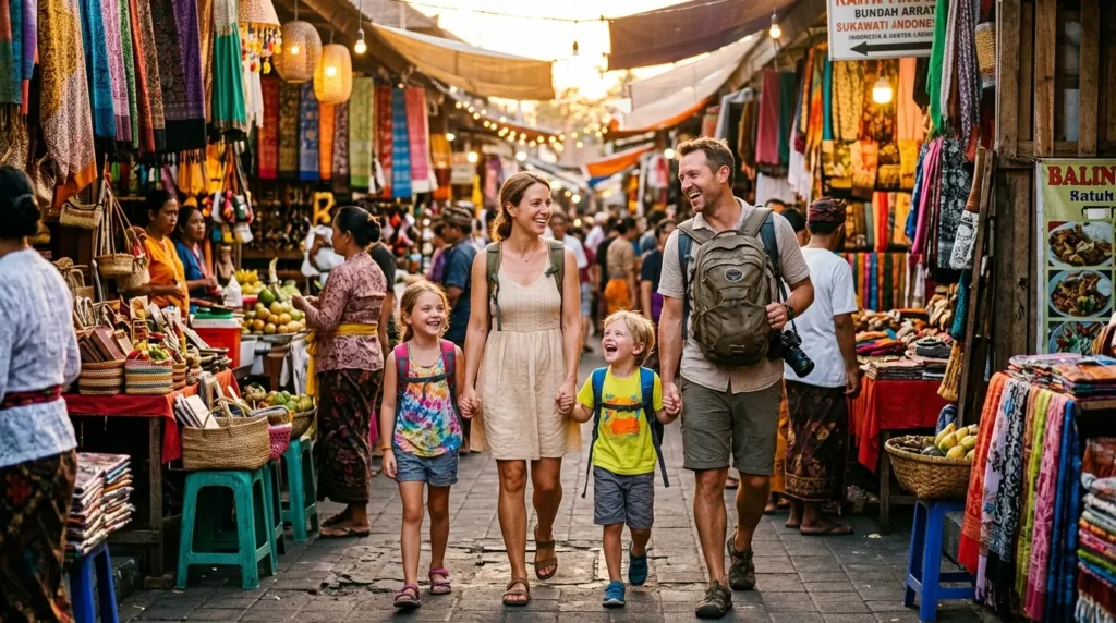 A smiling family of four strolls through a vibrant outdoor market, surrounded by colorful textiles and lively vendors under warm evening lights.