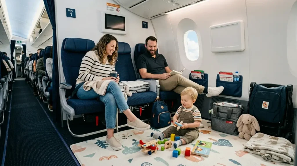 A family relaxes in an airplane row, with seats converted into a spacious play area for a toddler. The child plays with toys, surrounded by smiling parents.