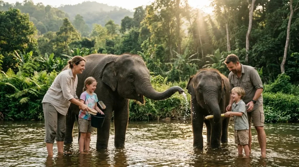 A family of four joyfully interacts with two elephants in a shallow river surrounded by lush greenery, with sunlight streaming through the trees.