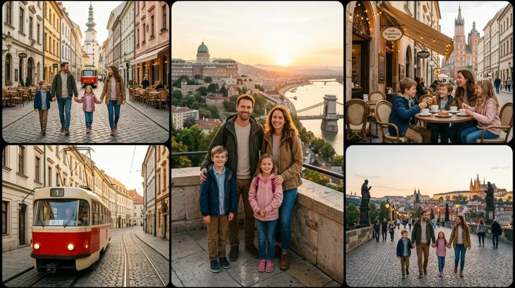 A happy family enjoys a European vacation, strolling through charming streets with a tram, dining at a cafe, and posing with scenic cityscapes at sunset.