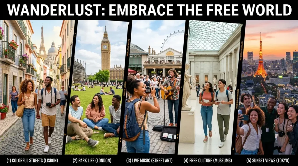 Alt text: "Collage of five vibrant travel scenes labeled 'Wanderlust: Embrace the Free World.' 1) Lisbon's colorful streets with a joyful couple. 2) Relaxed people in a London park near Big Ben. 3) Enthusiastic street musicians performing to a lively crowd. 4) Visitors exploring museum art in a grand gallery. 5) A group of friends enjoying a Tokyo sunset view. Each scene depicts cultural experiences and joy."