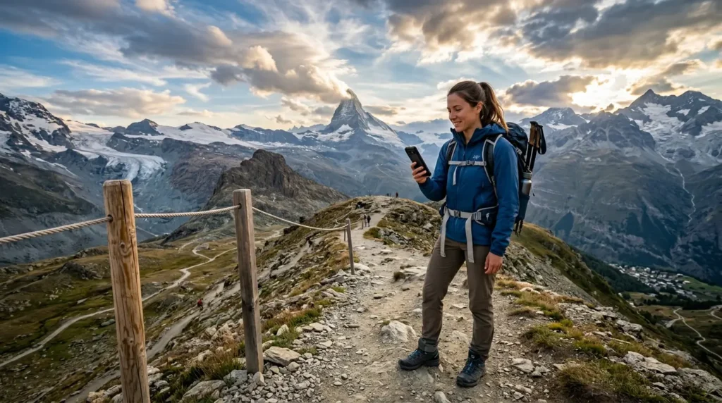 A woman smiles while checking her phone on a rocky mountain trail. She wears a backpack, surrounded by majestic snow-capped peaks and a vibrant sky.