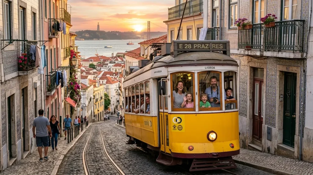 A classic yellow tram navigates a steep cobblestone street in Lisbon, surrounded by colorful buildings. Passengers smile joyfully, while a sunset paints the sky.
