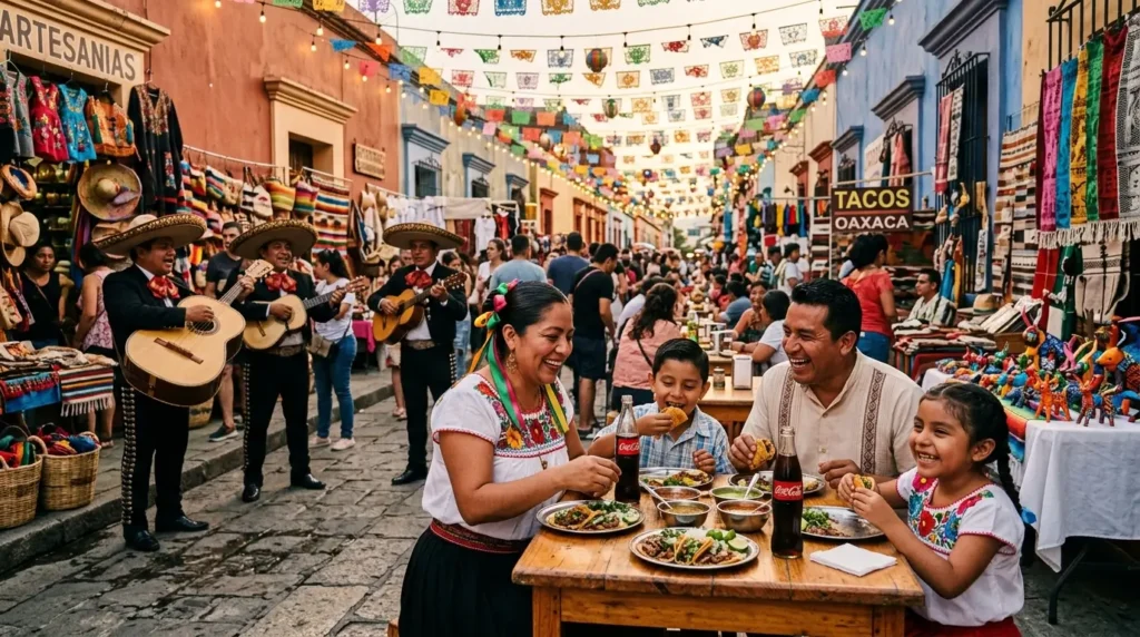 A joyful family enjoys a meal at an outdoor festival in a vibrant street, surrounded by mariachis, colorful decorations, and bustling market stalls.