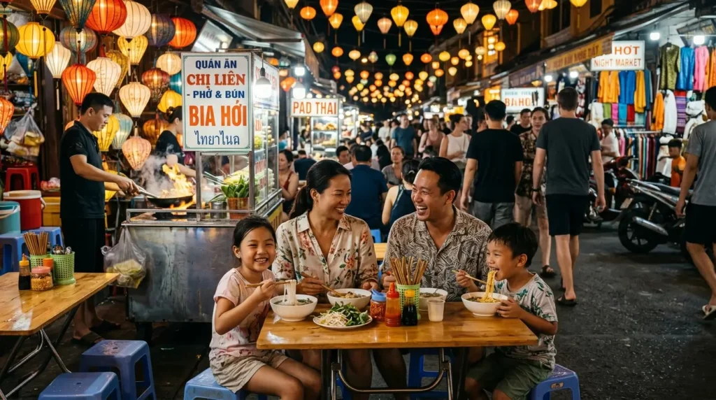 A joyful family enjoys a meal at an outdoor night market. Lanterns illuminate the bustling atmosphere, with food stalls and people in the background.