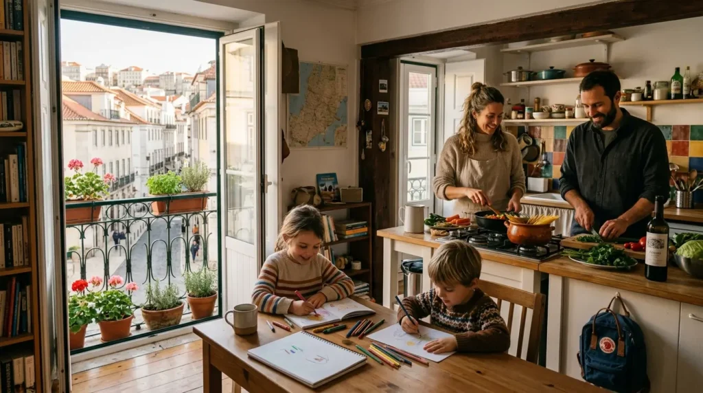 A family in a cozy kitchen; two children draw at a table while parents cook. Open balcony doors reveal a sunny, scenic city view, creating a warm, lively atmosphere.