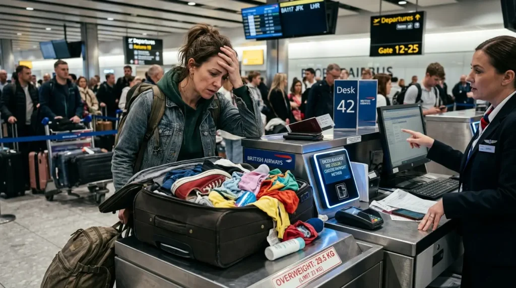 Woman at airport check-in counter with an overweight suitcase full of clothes. She looks stressed, while the staff member points at a computer.