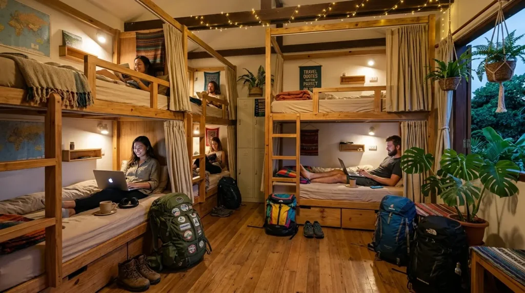 A cozy hostel dorm room with wooden bunk beds. Three people relax using laptops, surrounded by travel backpacks. Warm lighting and plants create a welcoming atmosphere.