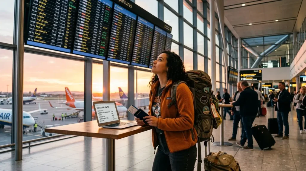 A woman with a backpack stands in an airport, looking at a departure board with a laptop open. The sunset illuminates the scene, creating a sense of anticipation.