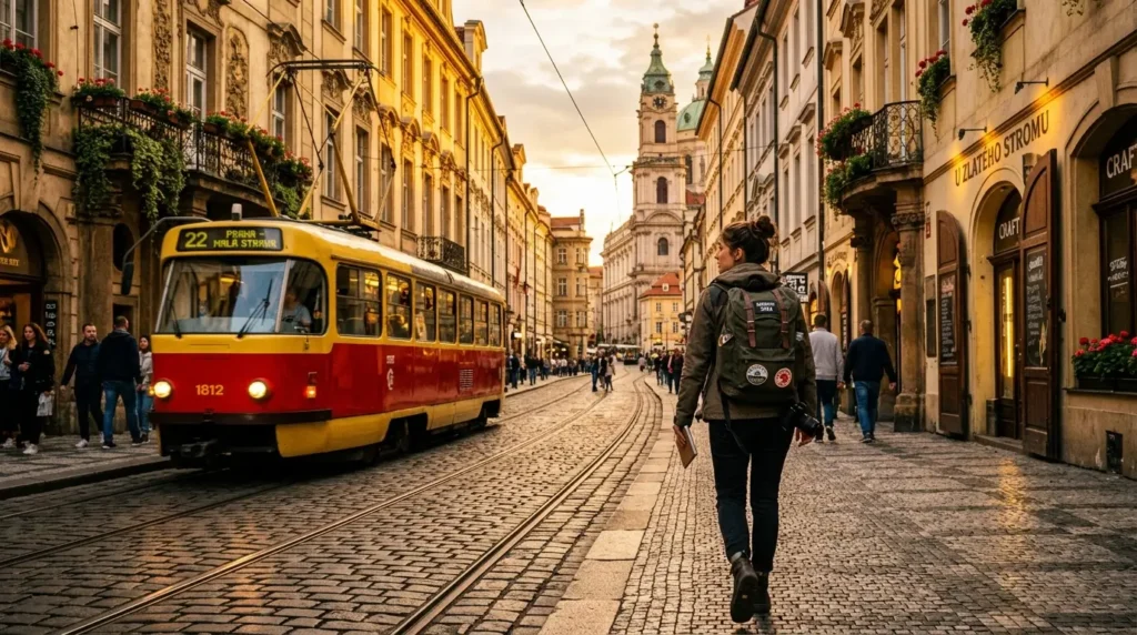 Street in Prague at sunset, vibrant tram passes historic buildings, people stroll cobblestone path. Warm, inviting atmosphere with a traveler walking.