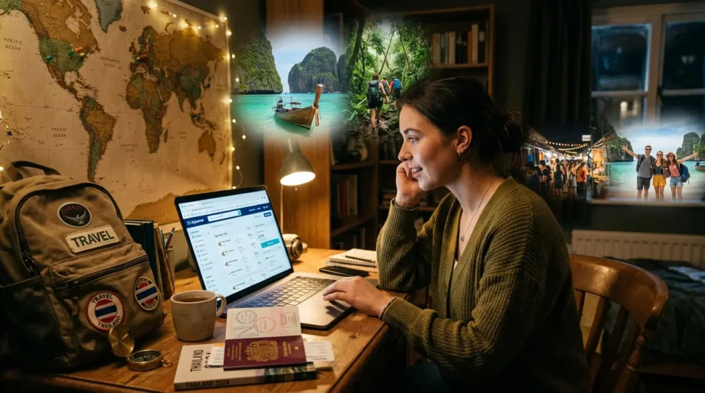 A woman sits at a wooden desk planning a trip on her laptop, surrounded by travel photos, a world map, backpack, and passport. The scene feels adventurous.