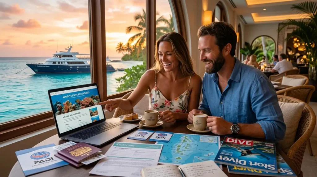 A smiling couple enjoys coffee by a window with an ocean view. They look at a laptop displaying "Maldives Dive Highlights," surrounded by maps and brochures.