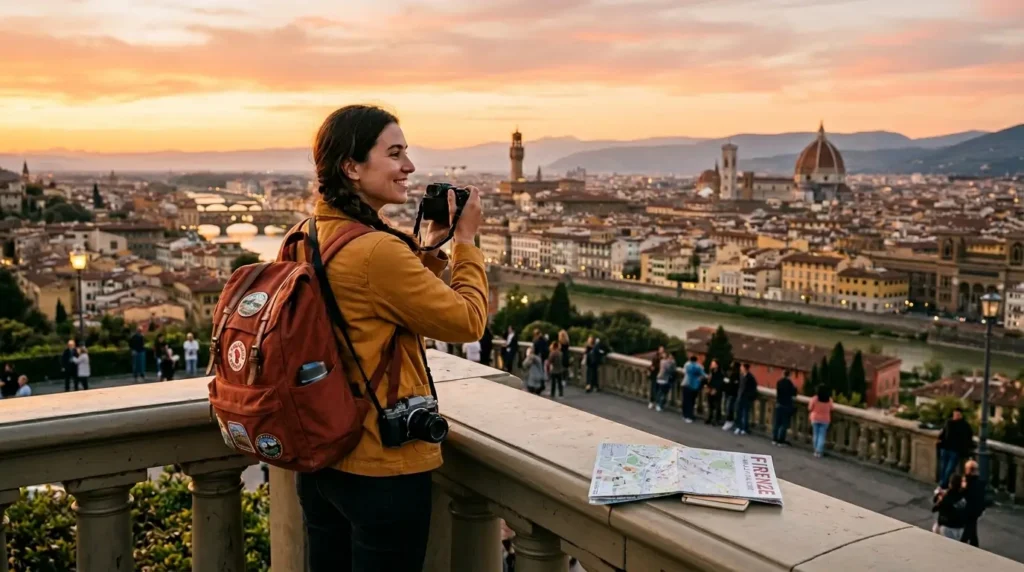 A person with a camera and backpack enjoys a sunset view over Florence from a balcony. A map labeled "Florence" rests beside them. The scene is lively and picturesque.